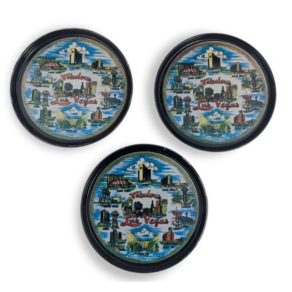 Fabulous Las Vegas 3 in Round Decorative Metal Coaster Vintage Casinos Set of 3 - Picture 1 of 6